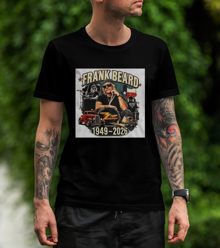Frank Beard ZZ Top Rock Texas Drummer 1949 2026 Vintage Car And Drumsticks T-Shirt
