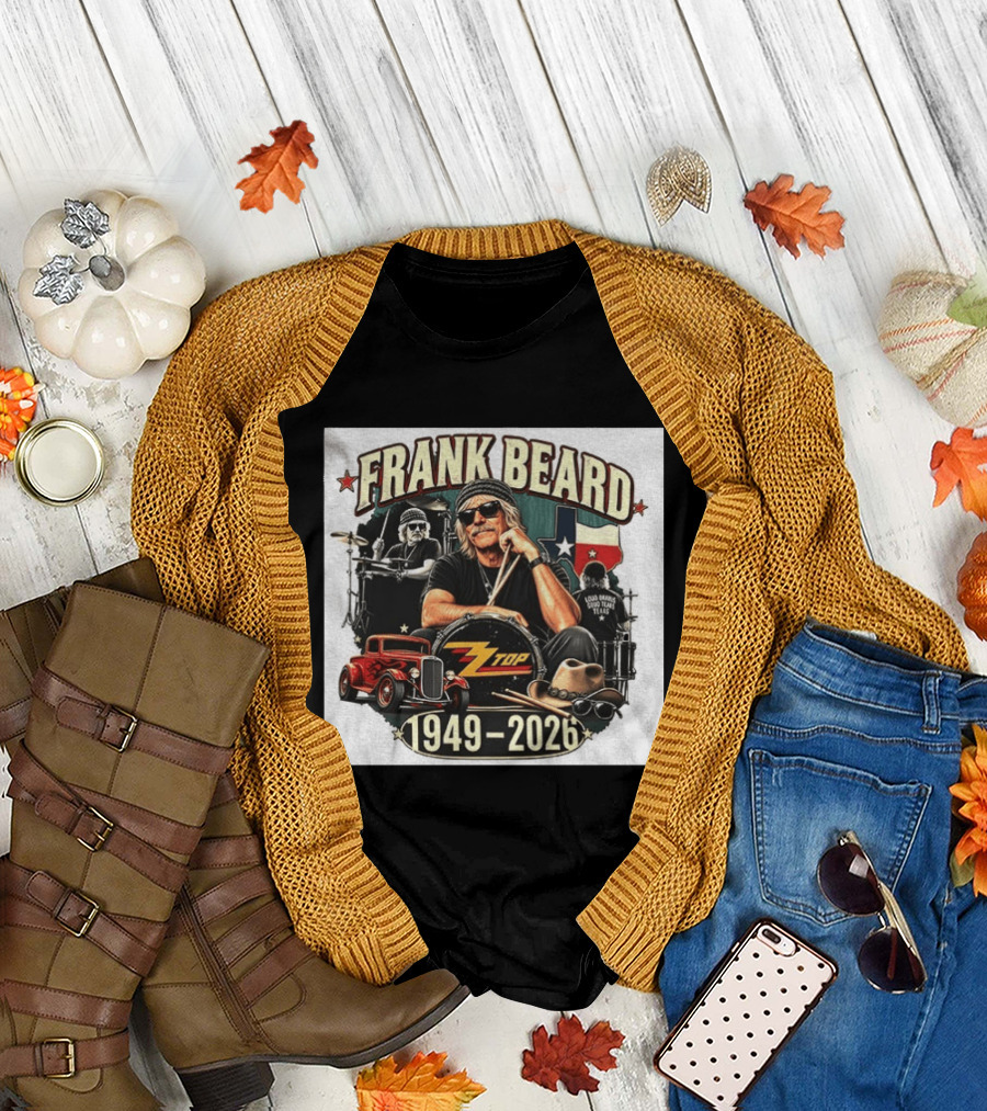Frank Beard ZZ Top Rock Texas Drummer 1949 2026 Vintage Car And Drumsticks T-Shirt