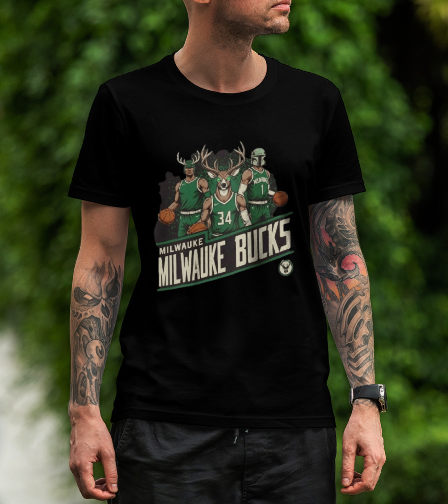 Milwaukee Bucks NBA Antler Helmet Buck Head Mandalorian Basketball Players T-Shirt