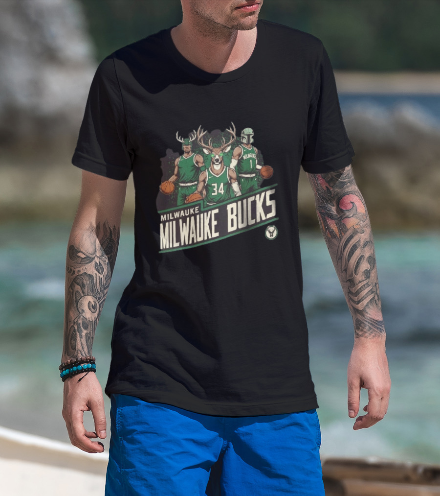 Milwaukee Bucks NBA Antler Helmet Buck Head Mandalorian Basketball Players T-Shirt