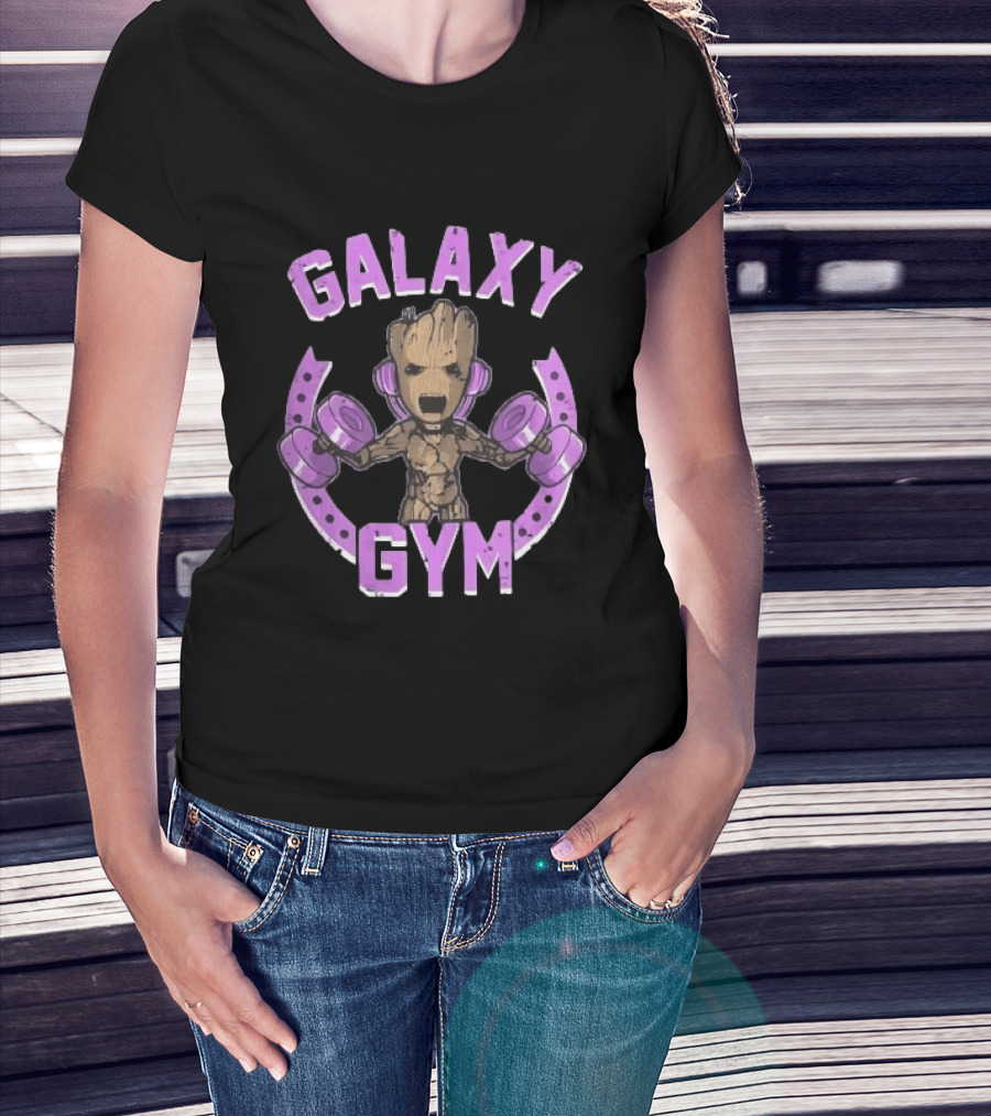 Galaxy Gym Cartoon Tree Lifting Dumbbells Headphones T-Shirt