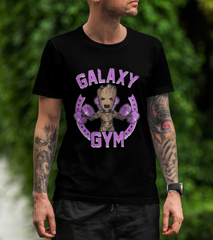 Galaxy Gym Cartoon Tree Lifting Dumbbells Headphones T-Shirt