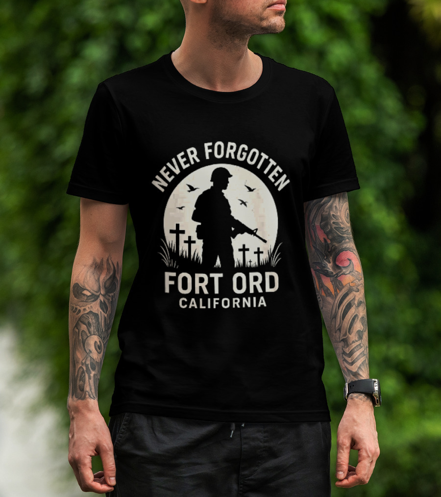 Never Forgotten Fort Ord California Soldier Moon Crosses Birds T-Shirt