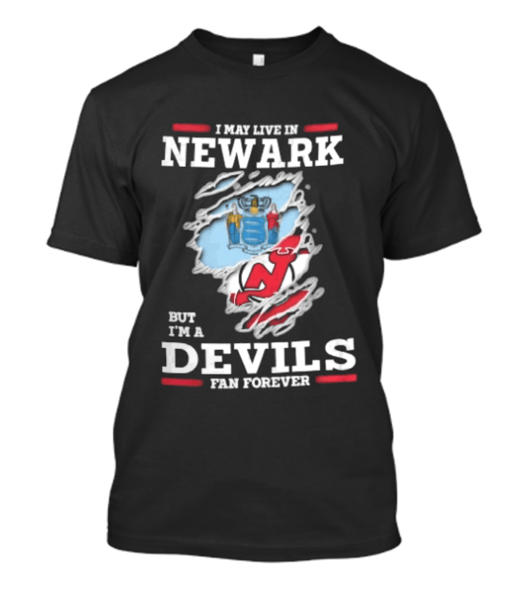 New Jersey Devils Fan Forever I May Live In Newark Ripped Hole Flag T-Shirt