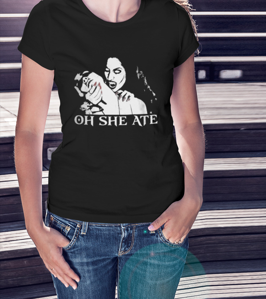 Oh She Ate Female Vampire Biting Neck Red Nails Stencil T-Shirt