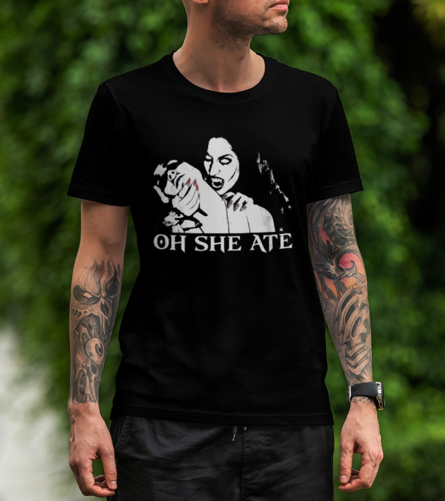 Oh She Ate Female Vampire Biting Neck Red Nails Stencil T-Shirt