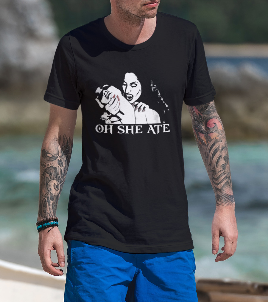 Oh She Ate Female Vampire Biting Neck Red Nails Stencil T-Shirt