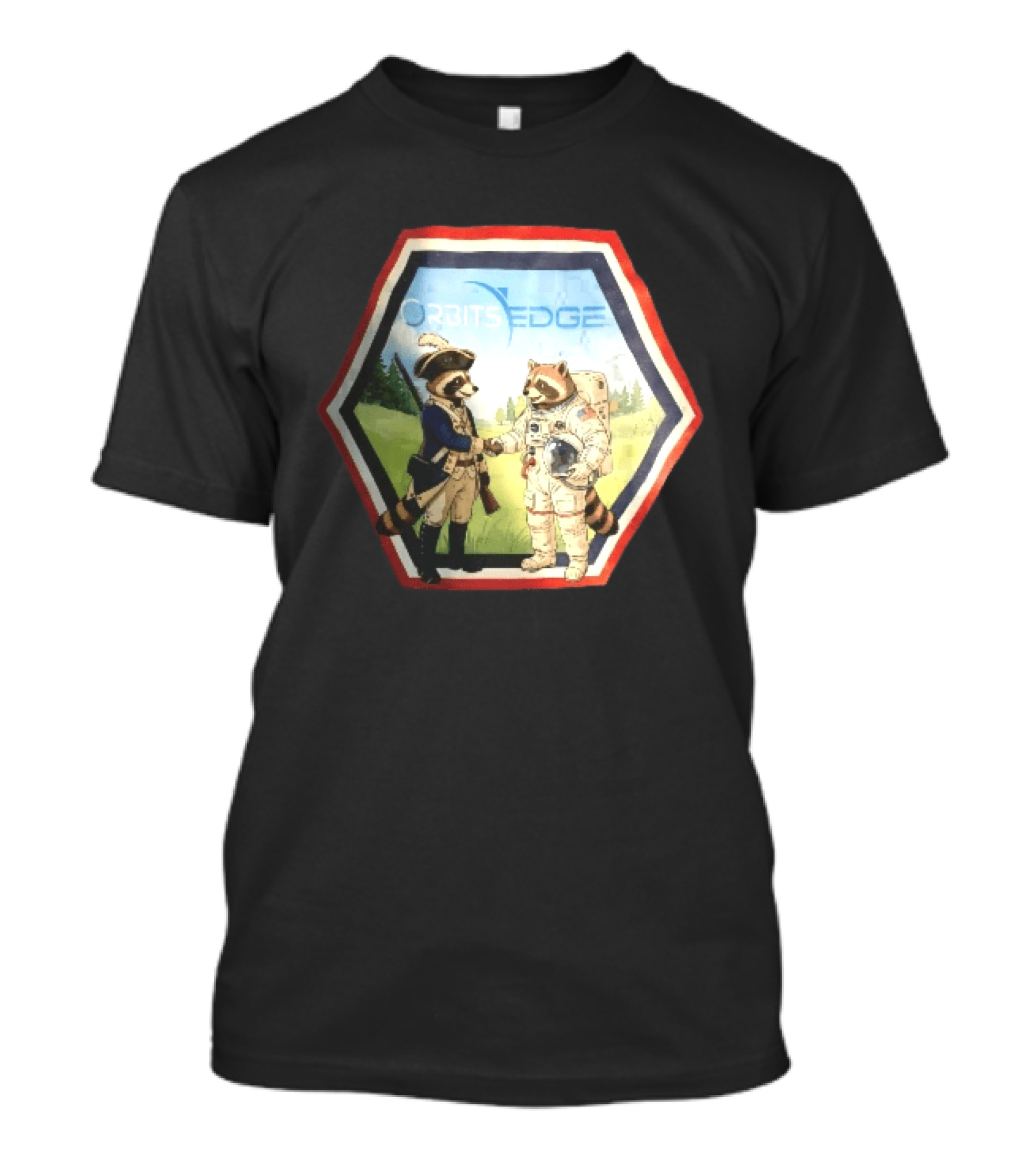 Orbits Edge Raccoon Soldier And Astronaut Handshake Cartoon T-Shirt