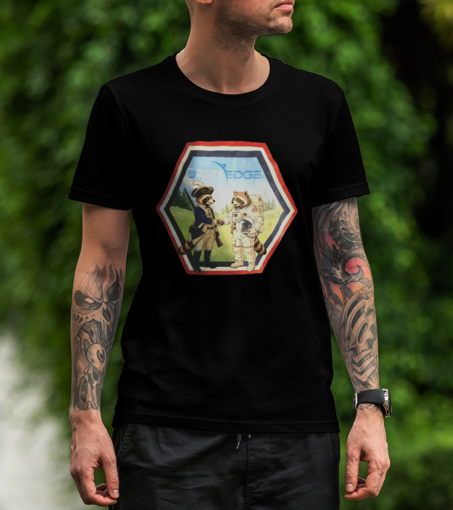 Orbits Edge Raccoon Soldier And Astronaut Handshake Cartoon T-Shirt