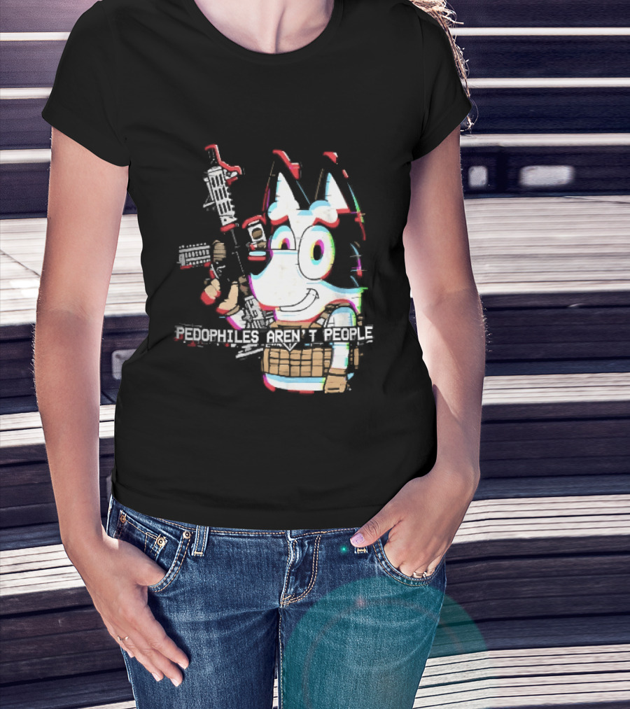 Pedophiles Aren't People Cartoon Dog Tactical Vest Assault Rifle Glitch Effect T-Shirt