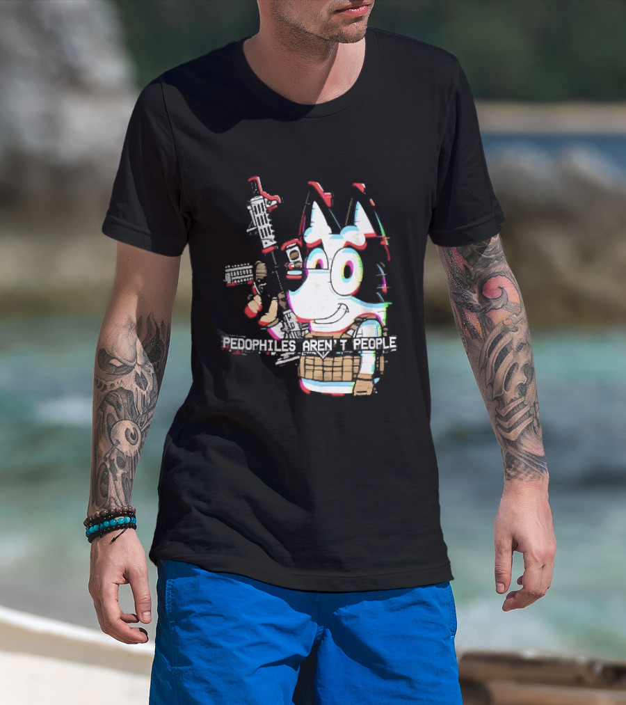 Pedophiles Aren't People Cartoon Dog Tactical Vest Assault Rifle Glitch Effect T-Shirt