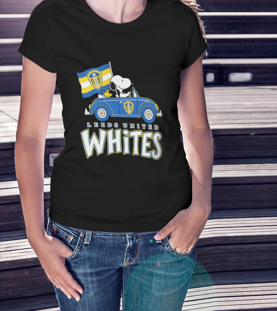 Leeds United Whites Snoopy Car Driving With Flag T-Shirt
