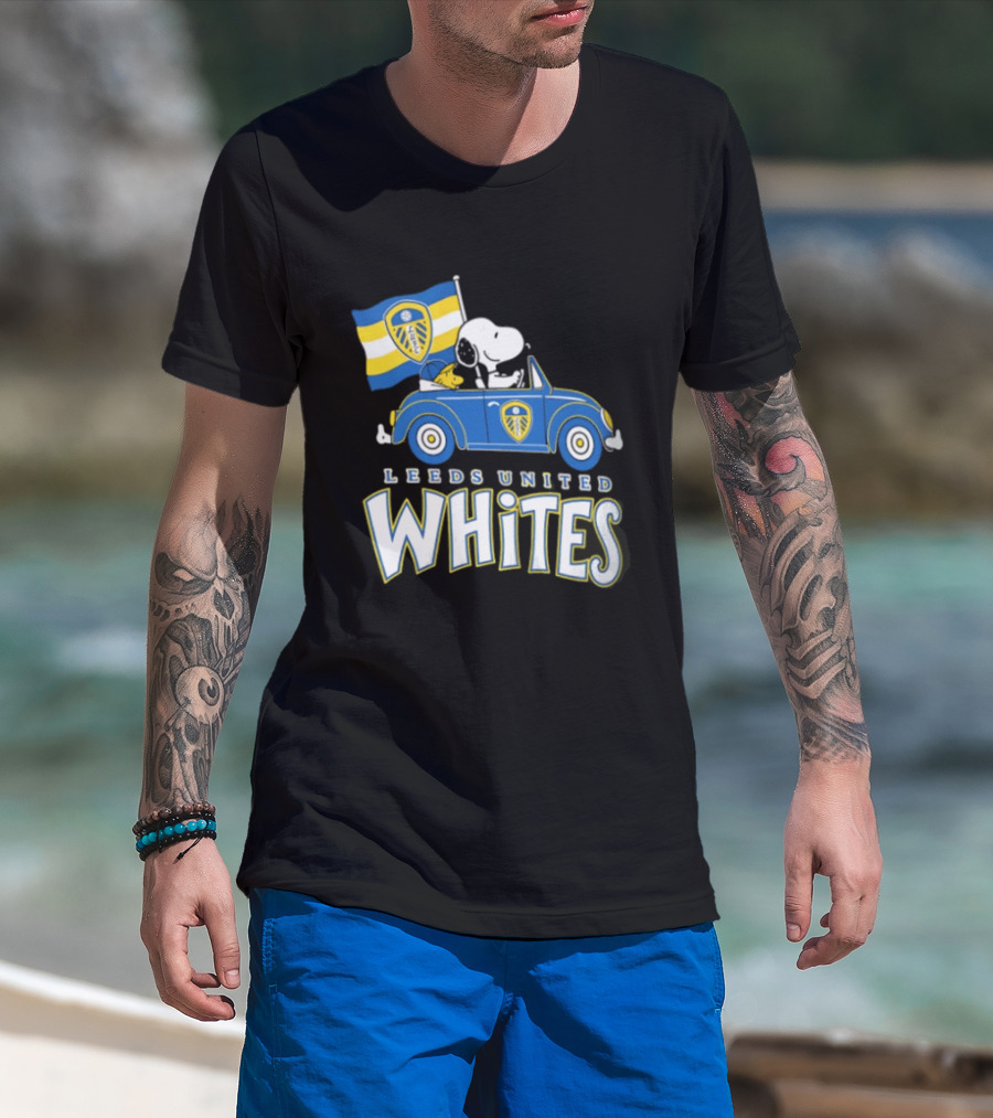 Leeds United Whites Snoopy Car Driving With Flag T-Shirt