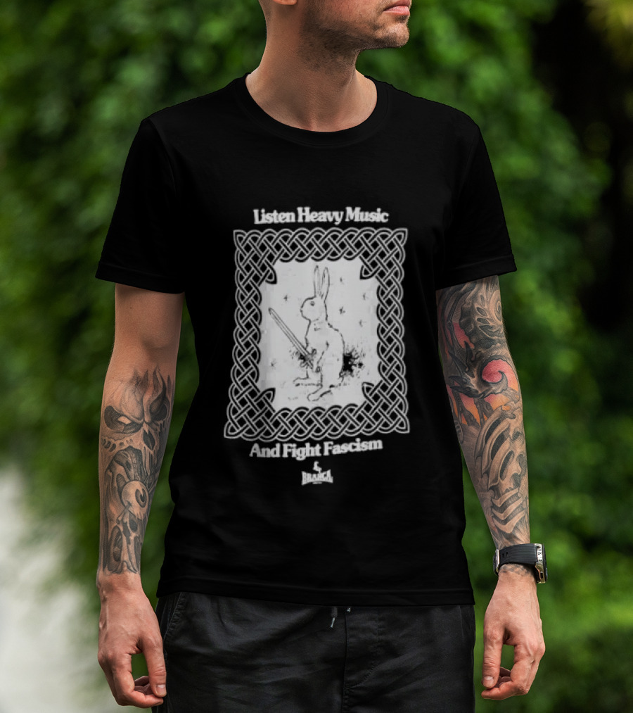 Listen Heavy Music And Fight Fascism Bunny With Sword Celtic Knot Frame T-Shirt