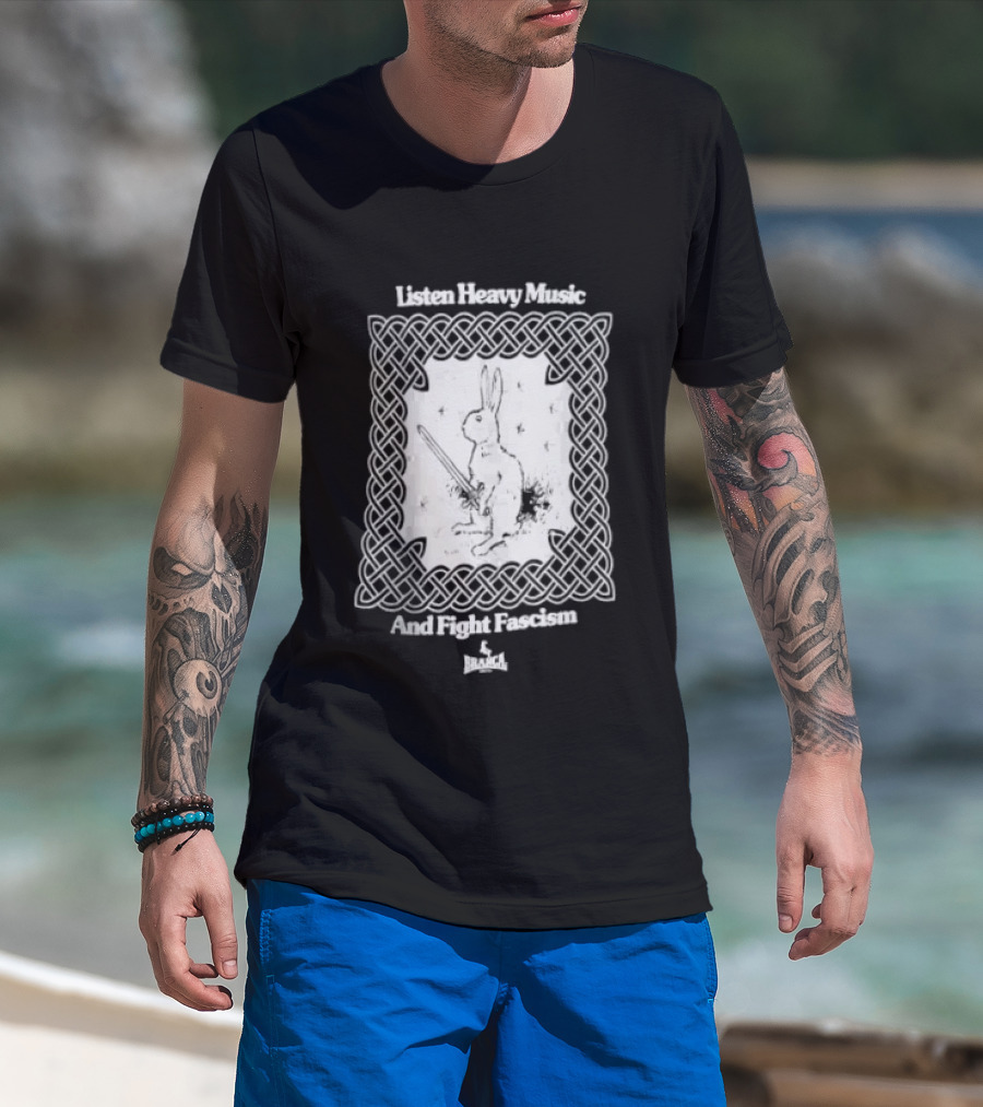 Listen Heavy Music And Fight Fascism Bunny With Sword Celtic Knot Frame T-Shirt