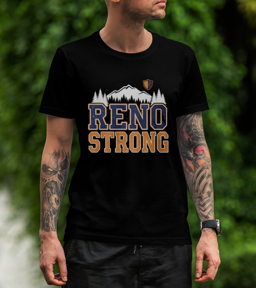 Reno Strong Nevada Wildfire Relief Support Mountain Shield Trees T-Shirt