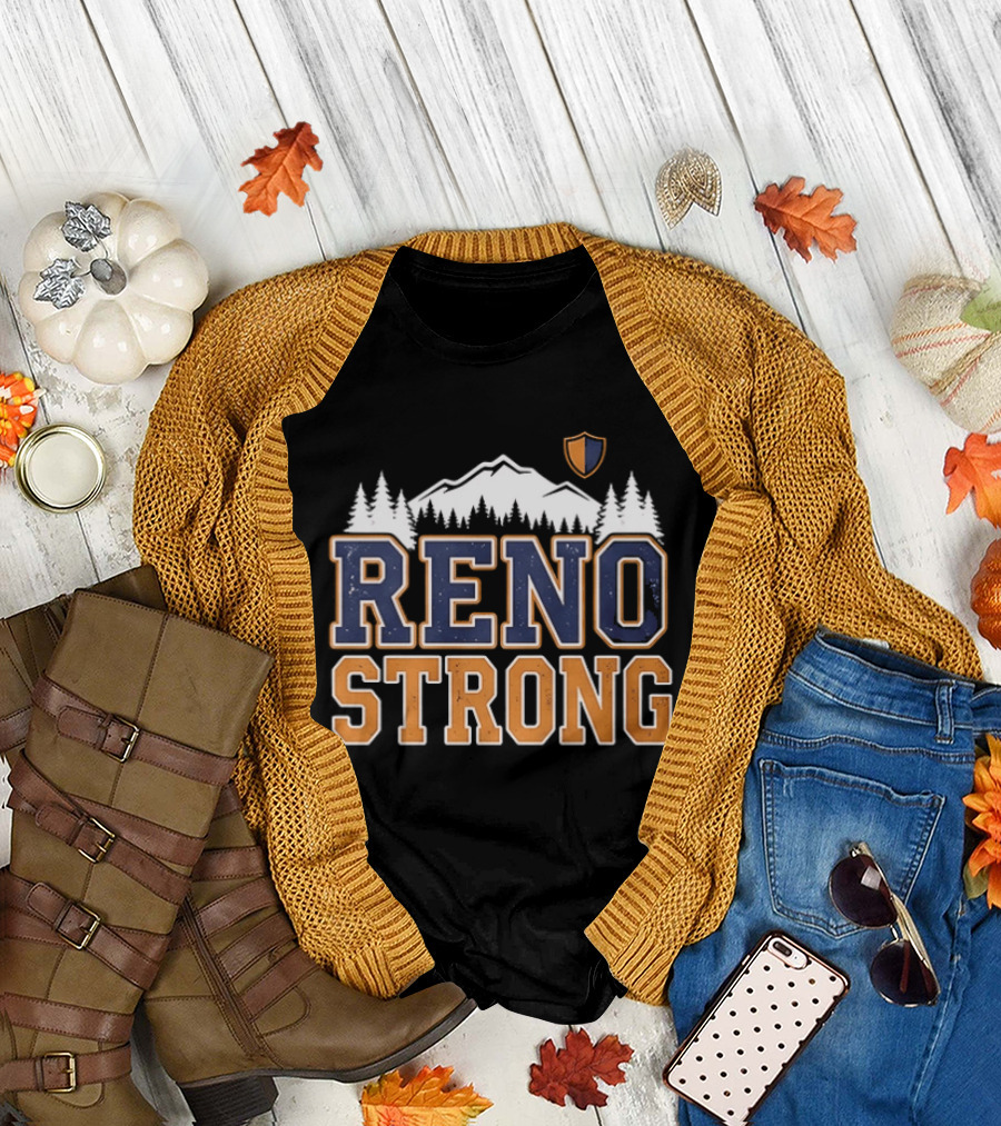 Reno Strong Nevada Wildfire Relief Support Mountain Shield Trees T-Shirt