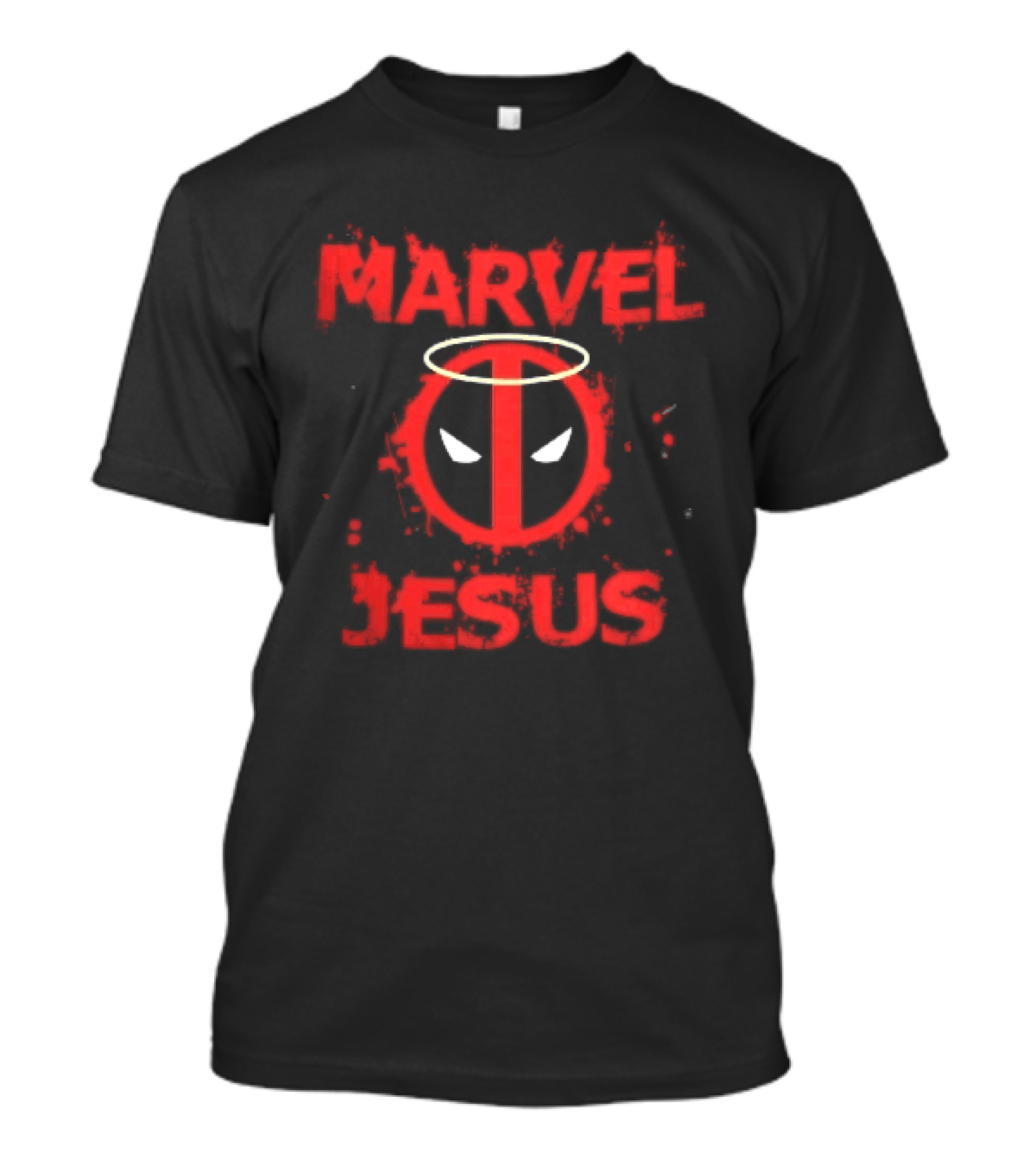 Marvel Jesus Distressed Deadpool Mask Yellow Halo Splatter T-Shirt