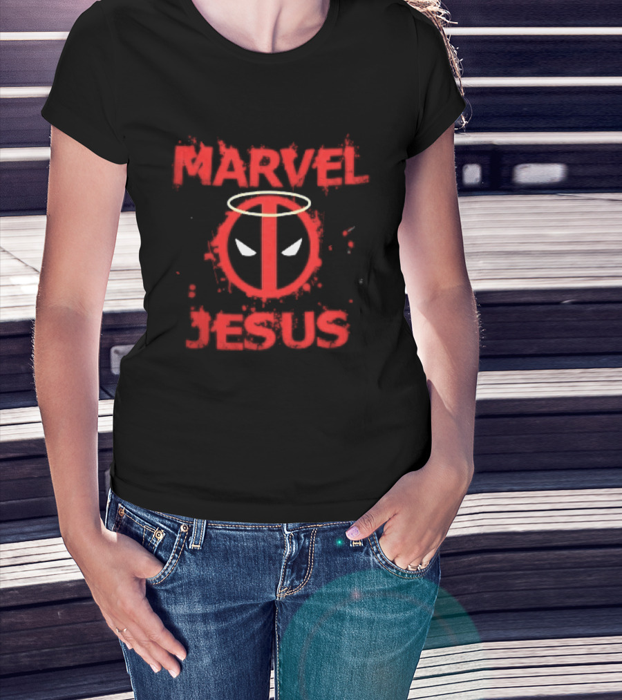 Marvel Jesus Distressed Deadpool Mask Yellow Halo Splatter T-Shirt