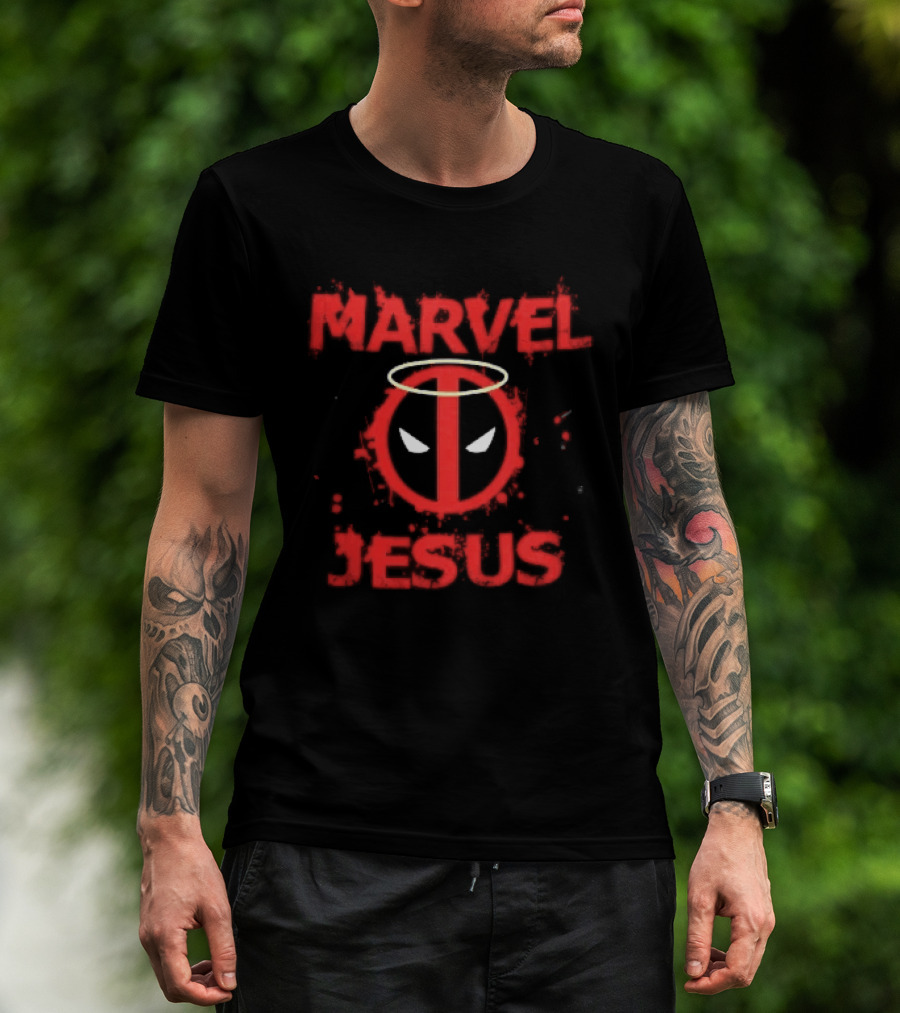 Marvel Jesus Distressed Deadpool Mask Yellow Halo Splatter T-Shirt