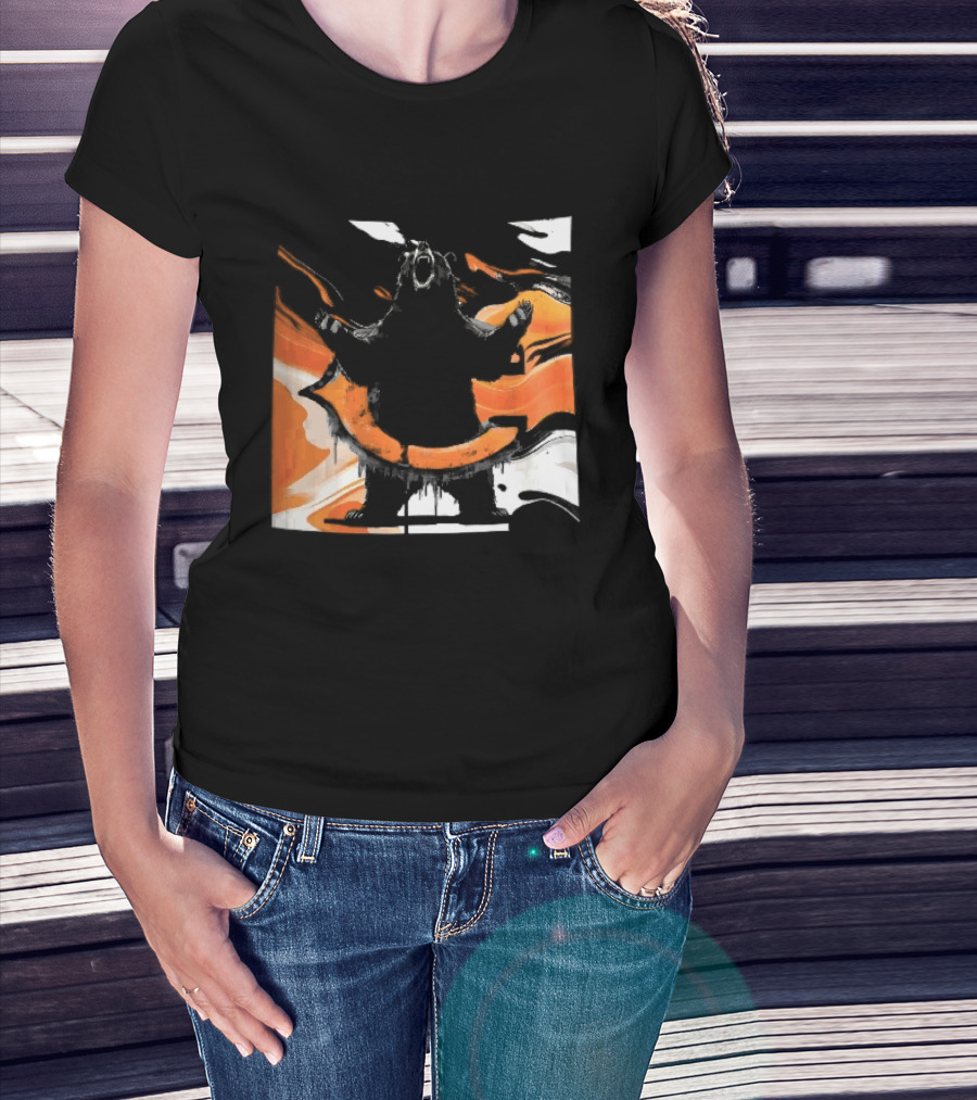 Roaring Black Bear Orange Liquid Swirls Dripping Banner T-Shirt