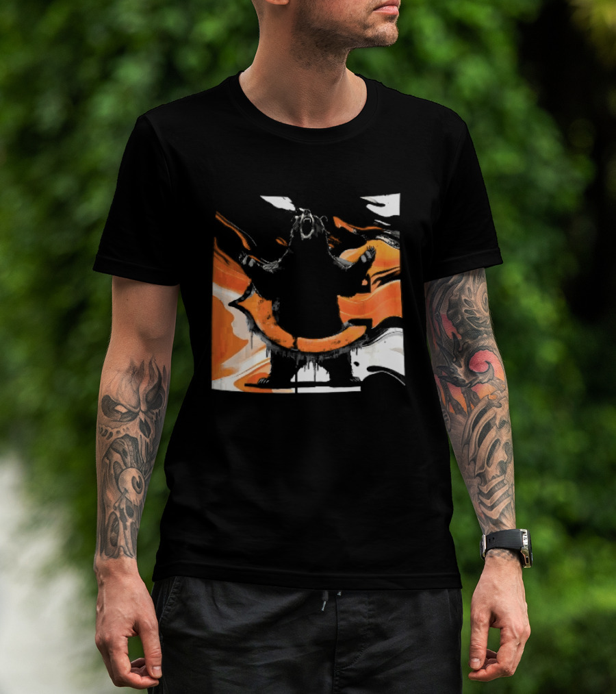 Roaring Black Bear Orange Liquid Swirls Dripping Banner T-Shirt