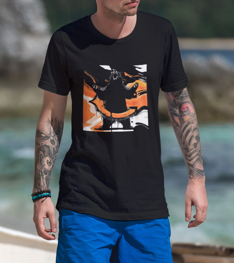 Roaring Black Bear Orange Liquid Swirls Dripping Banner T-Shirt