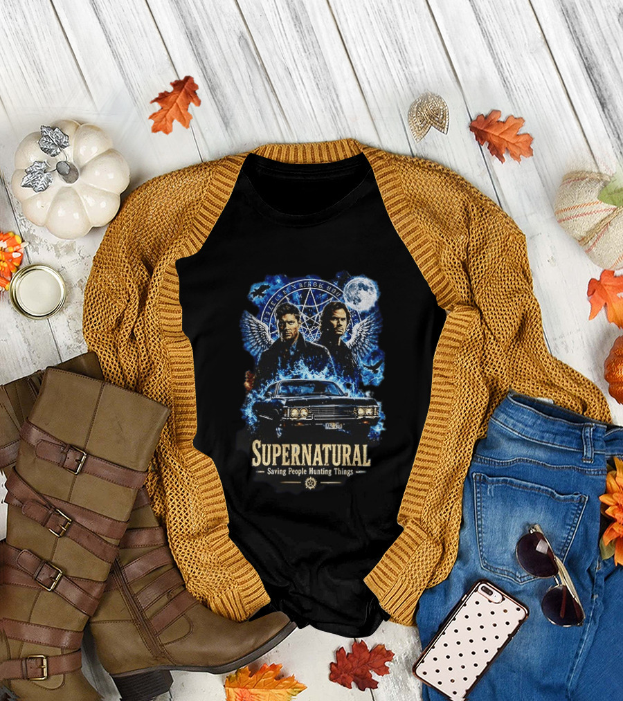 Supernatural Saving People Hunting Things Sam Dean Winchester Angelic Wings Moon Impala T-Shirt