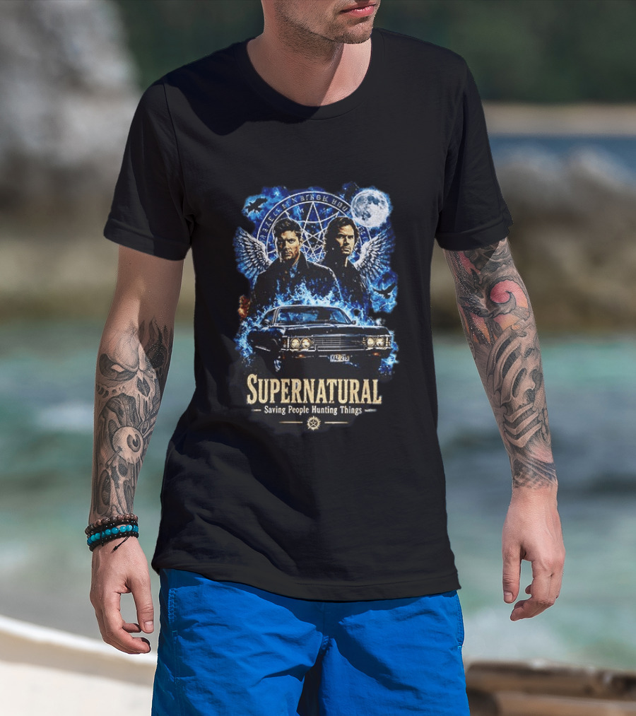 Supernatural Saving People Hunting Things Sam Dean Winchester Angelic Wings Moon Impala T-Shirt