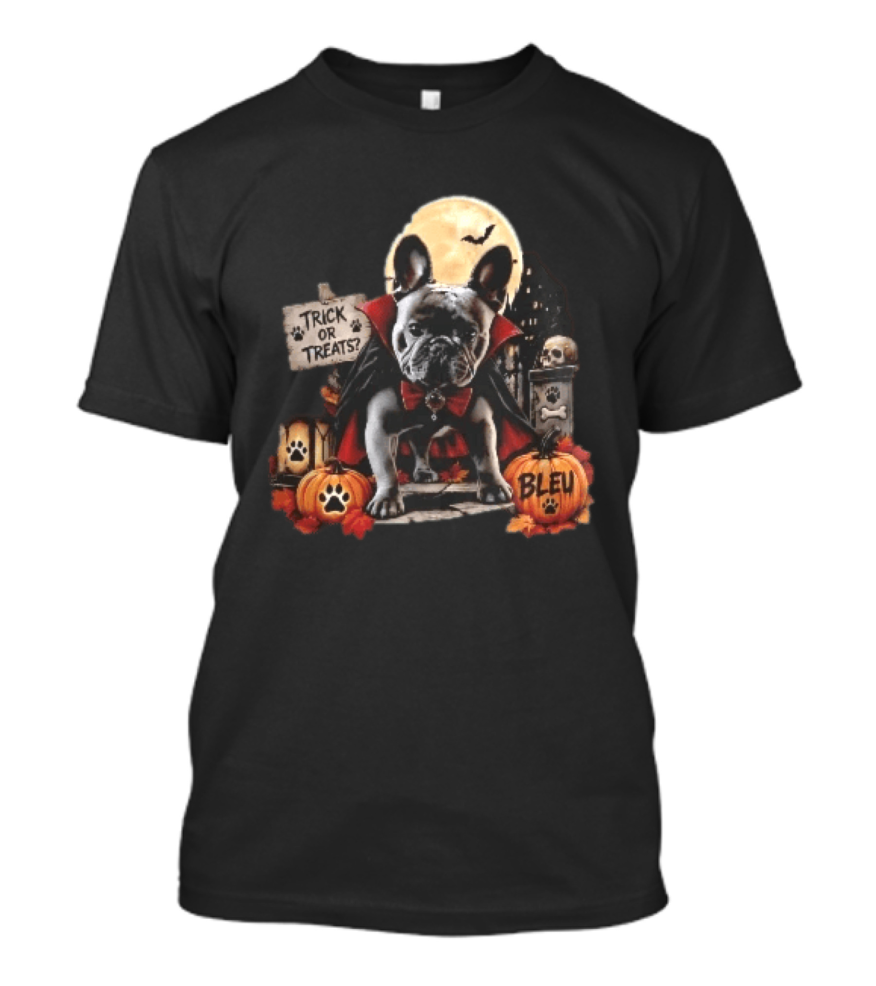 Trick Or Treats Bleu French Bulldog Vampire Cape Moon Pumpkins Halloween Scene T-Shirt
