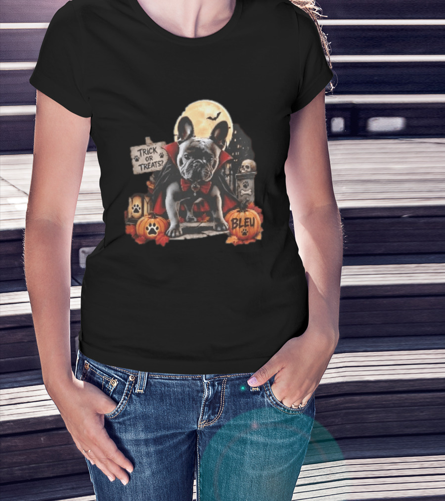 Trick Or Treats Bleu French Bulldog Vampire Cape Moon Pumpkins Halloween Scene T-Shirt