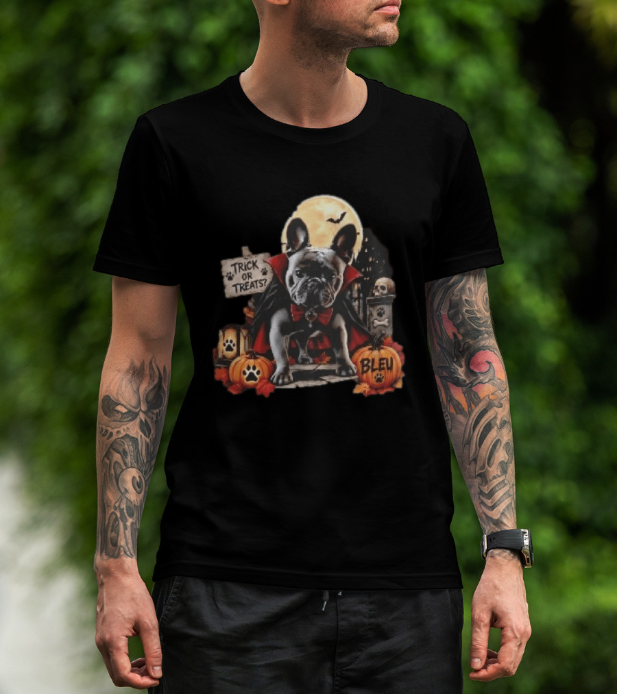 Trick Or Treats Bleu French Bulldog Vampire Cape Moon Pumpkins Halloween Scene T-Shirt