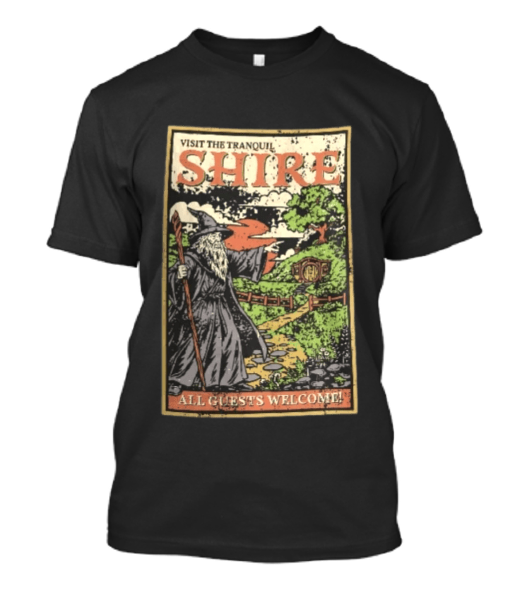 Visit The Tranquil Shire All Guests Welcome Gandalf Hobbit Hole Scene T-Shirt