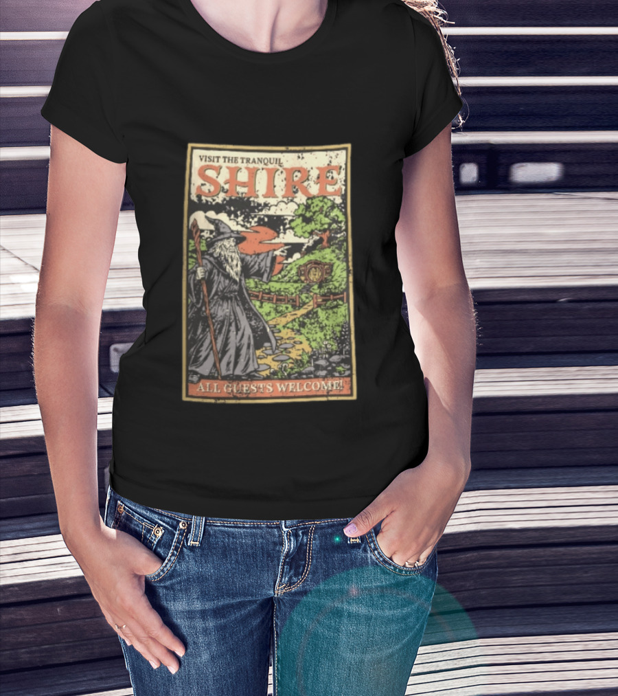 Visit The Tranquil Shire All Guests Welcome Gandalf Hobbit Hole Scene T-Shirt