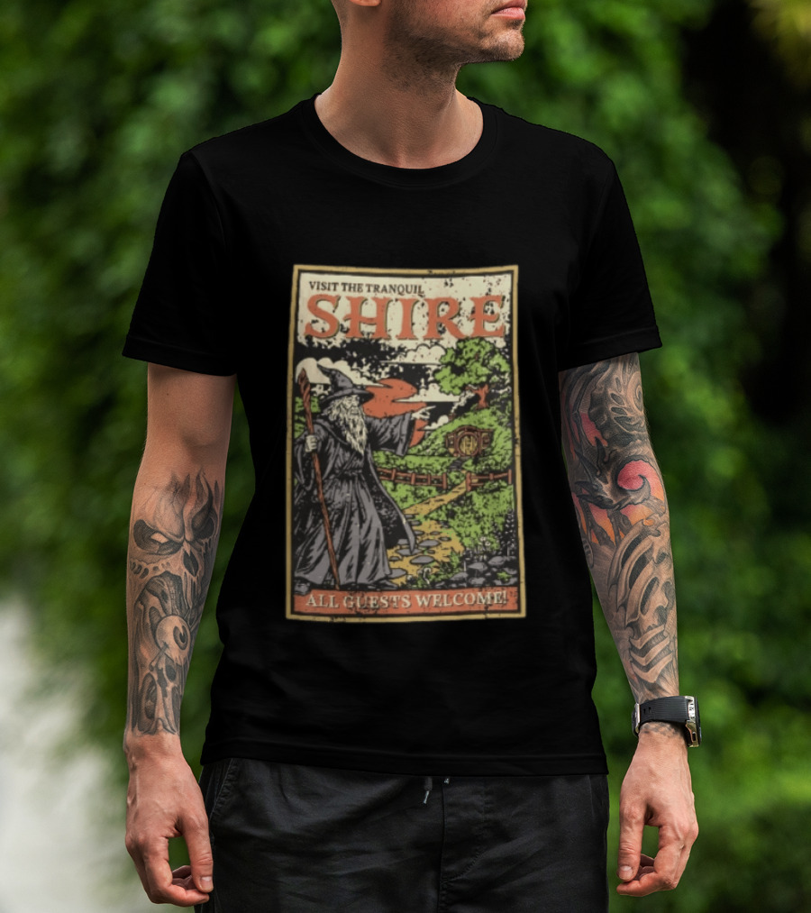 Visit The Tranquil Shire All Guests Welcome Gandalf Hobbit Hole Scene T-Shirt