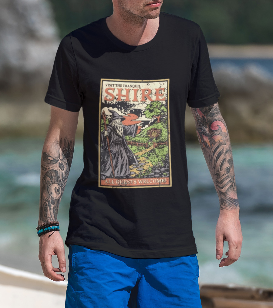 Visit The Tranquil Shire All Guests Welcome Gandalf Hobbit Hole Scene T-Shirt