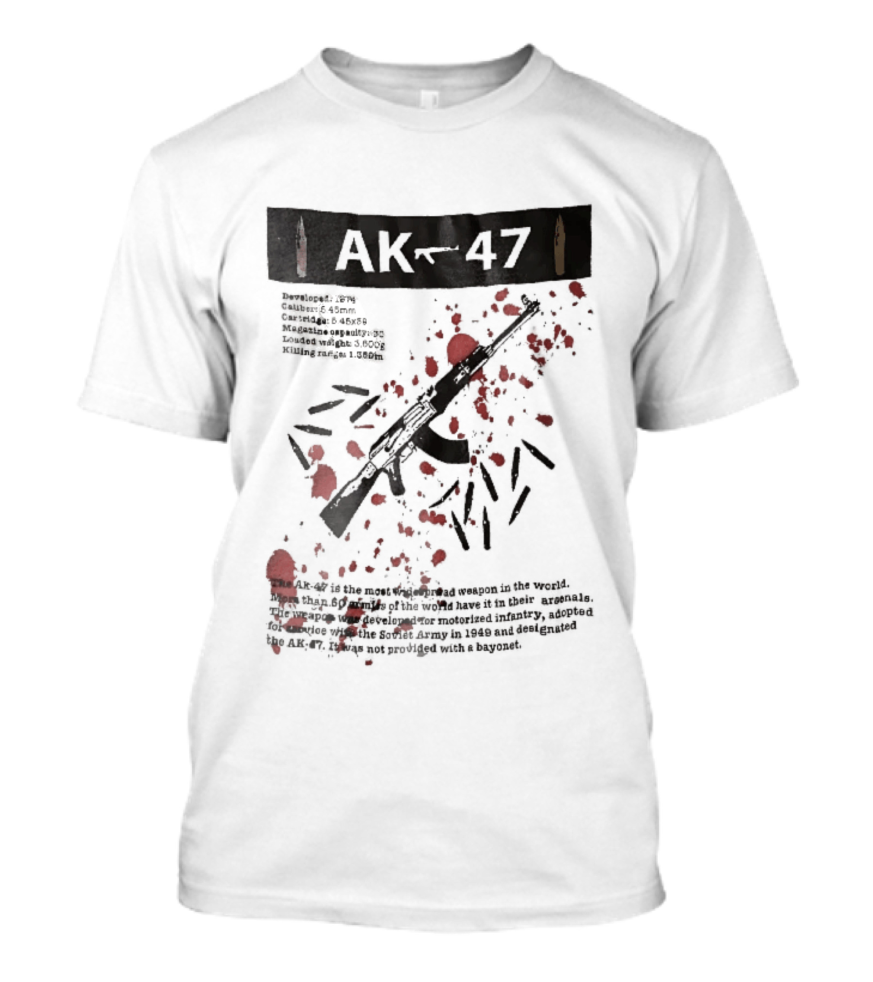 AK 47 1949 Rifle Sketch Red Blood Splatter Bullets Widespread Weapon Statistics T-Shirt