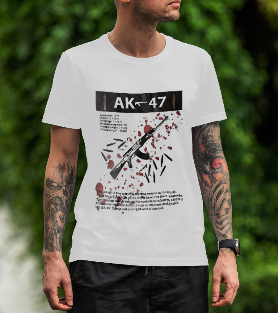 AK 47 1949 Rifle Sketch Red Blood Splatter Bullets Widespread Weapon Statistics T-Shirt