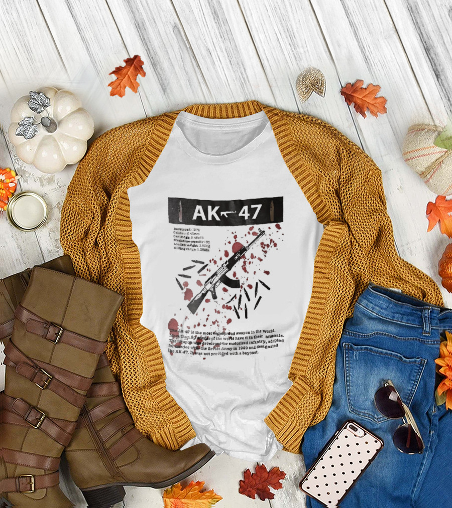 AK 47 1949 Rifle Sketch Red Blood Splatter Bullets Widespread Weapon Statistics T-Shirt