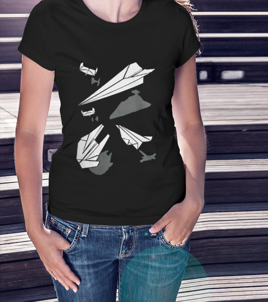 White Origami Paper Airplanes Star Wars Spaceship Shadow Illusions T-Shirt