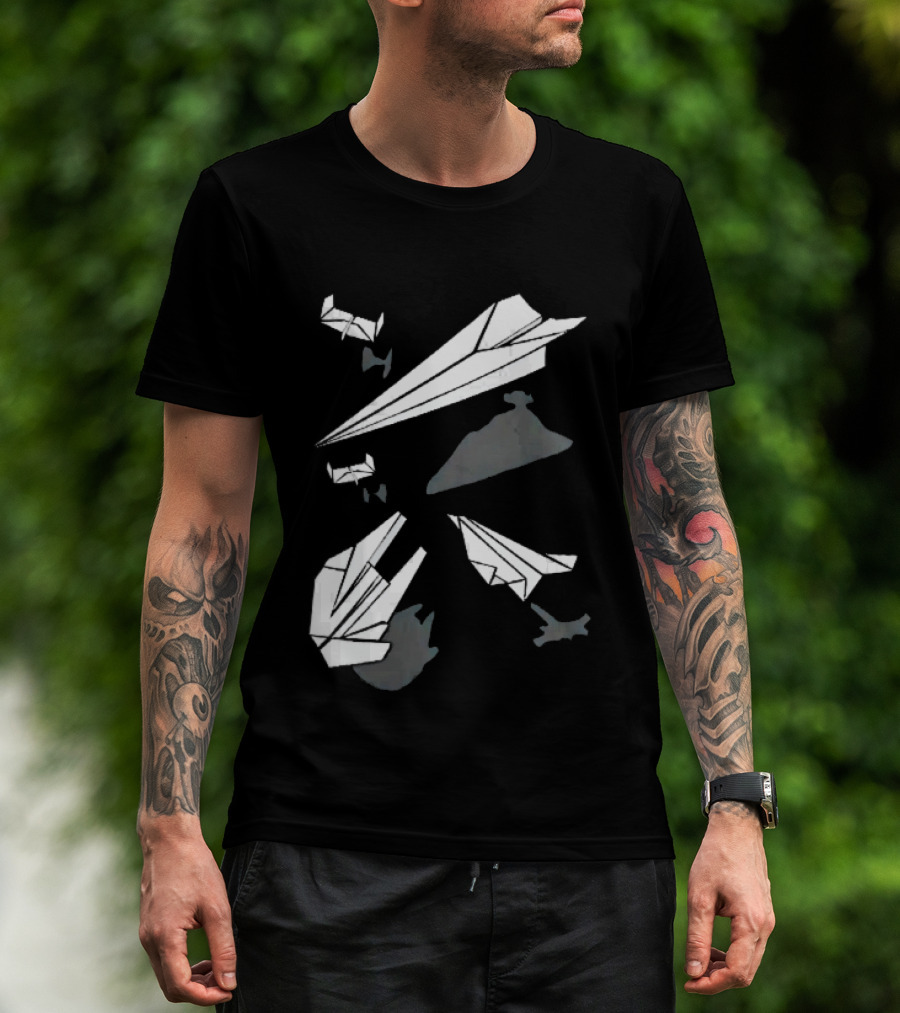 White Origami Paper Airplanes Star Wars Spaceship Shadow Illusions T-Shirt