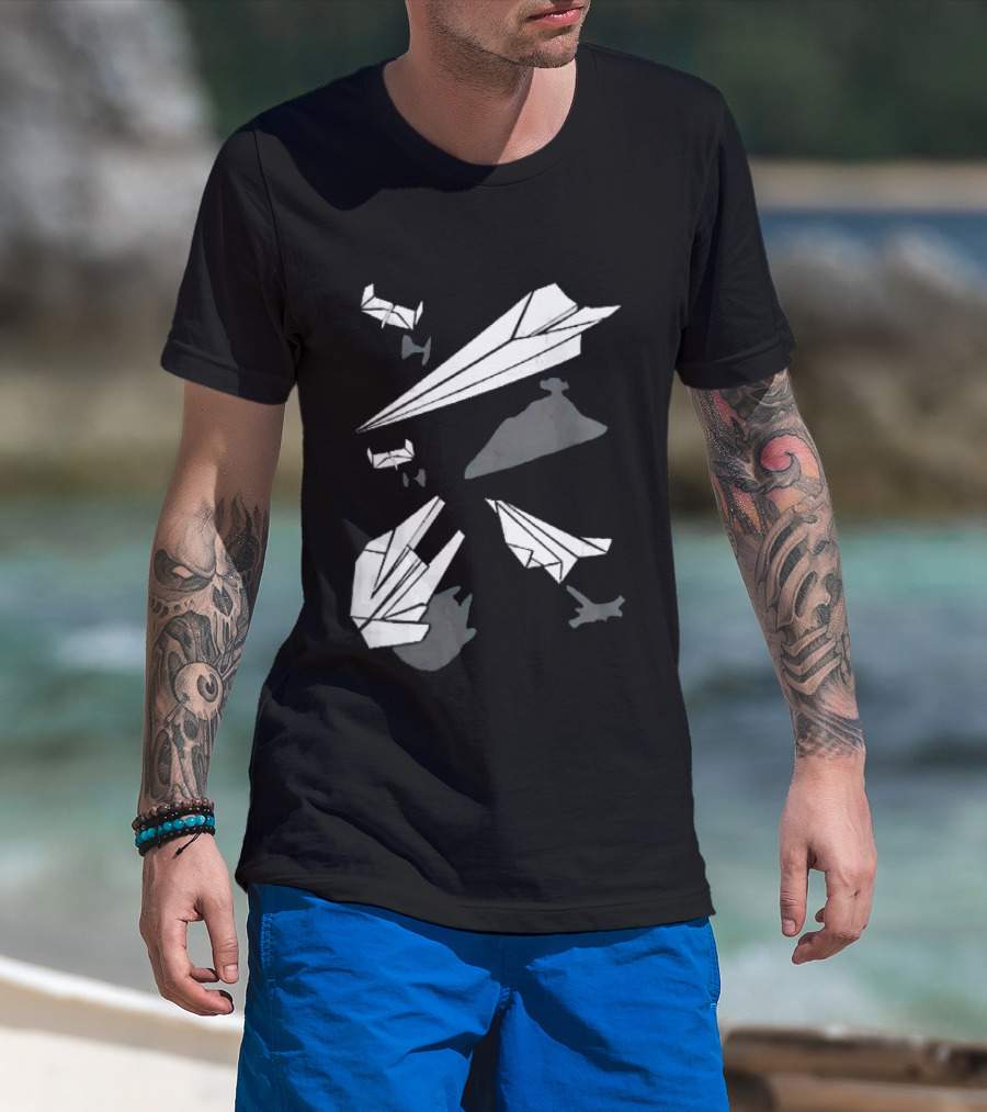 White Origami Paper Airplanes Star Wars Spaceship Shadow Illusions T-Shirt