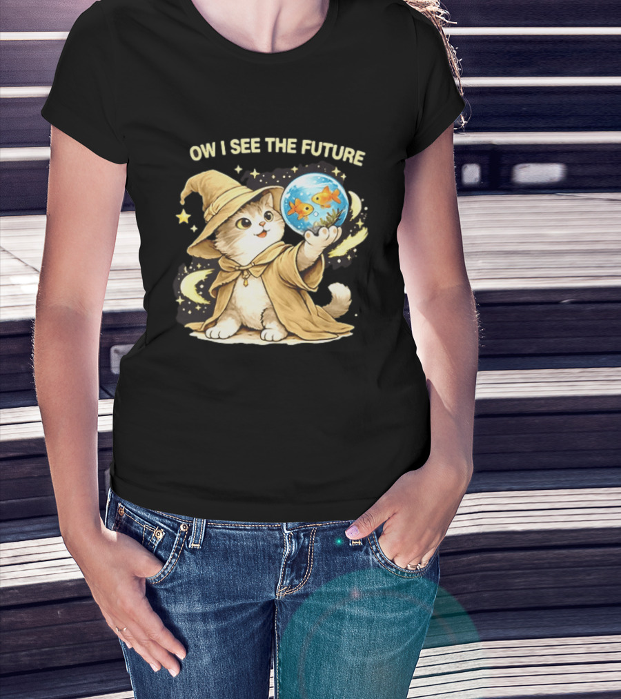 Wizard Cat Halloween Ow I See The Future Goldfish T-Shirt