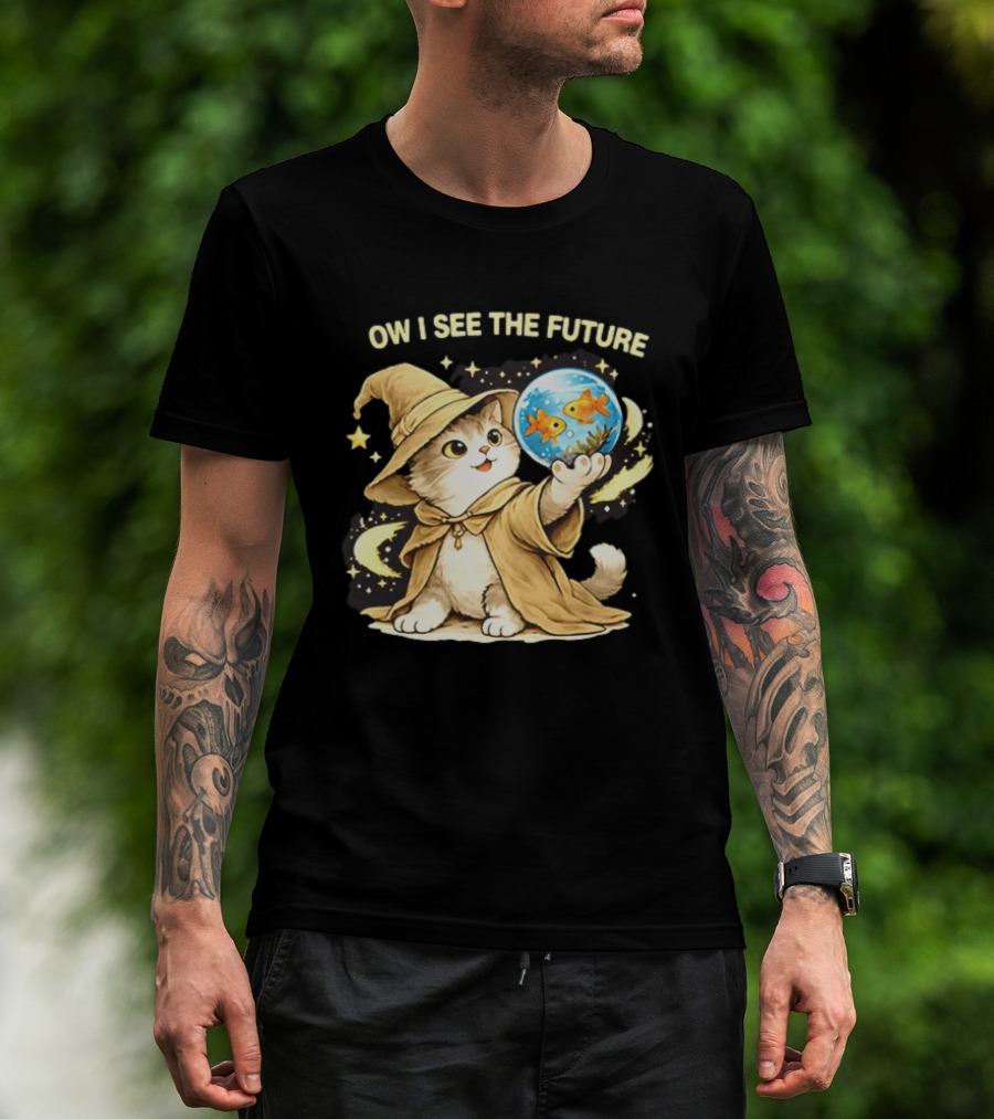 Wizard Cat Halloween Ow I See The Future Goldfish T-Shirt
