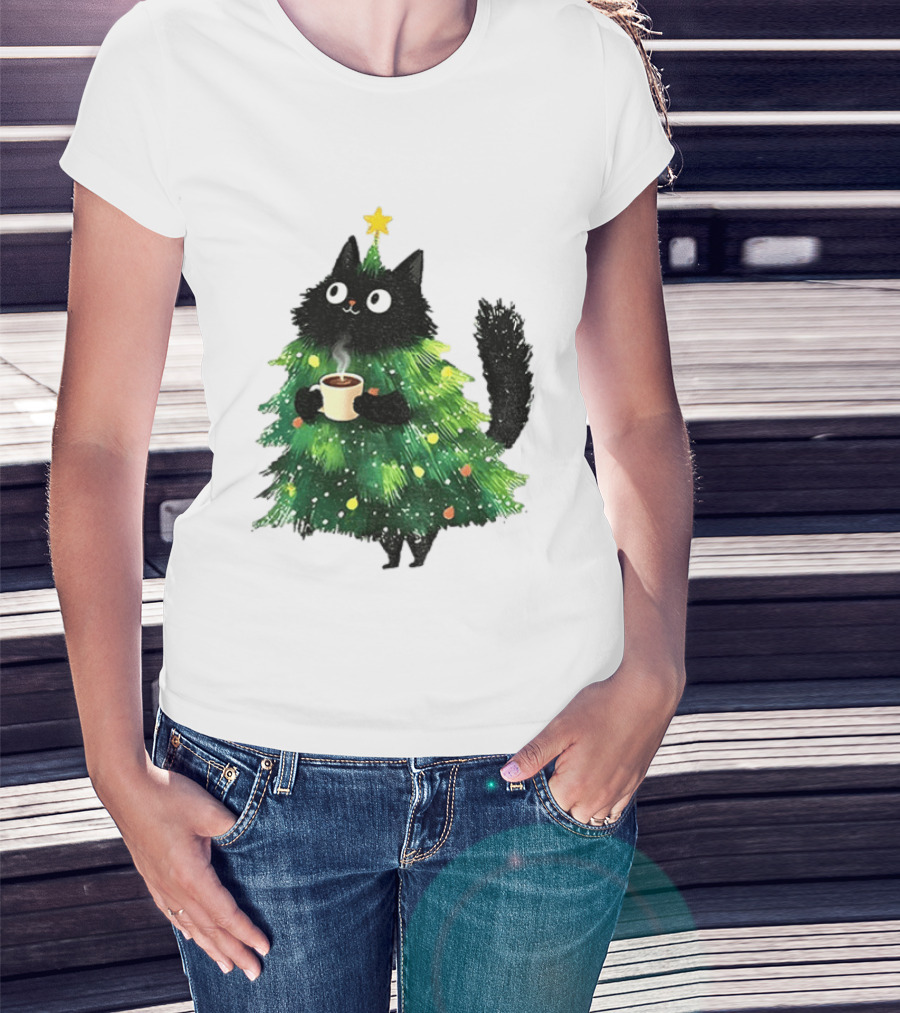 Black Cat Christmas Tree With Hot Coffee Cup T-Shirt