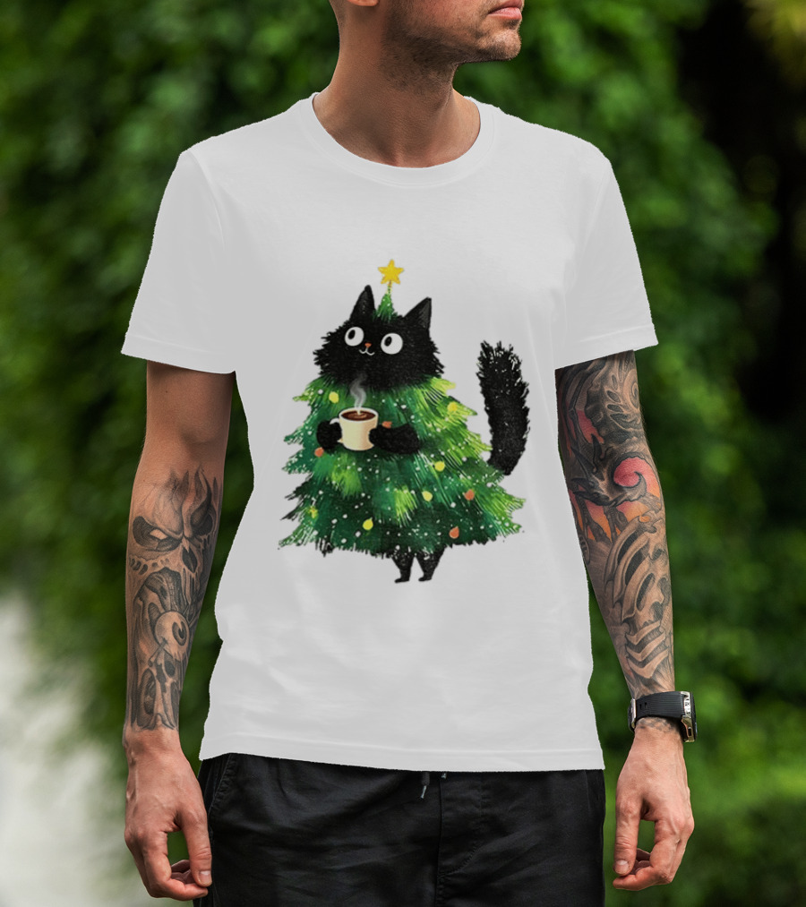 Black Cat Christmas Tree With Hot Coffee Cup T-Shirt