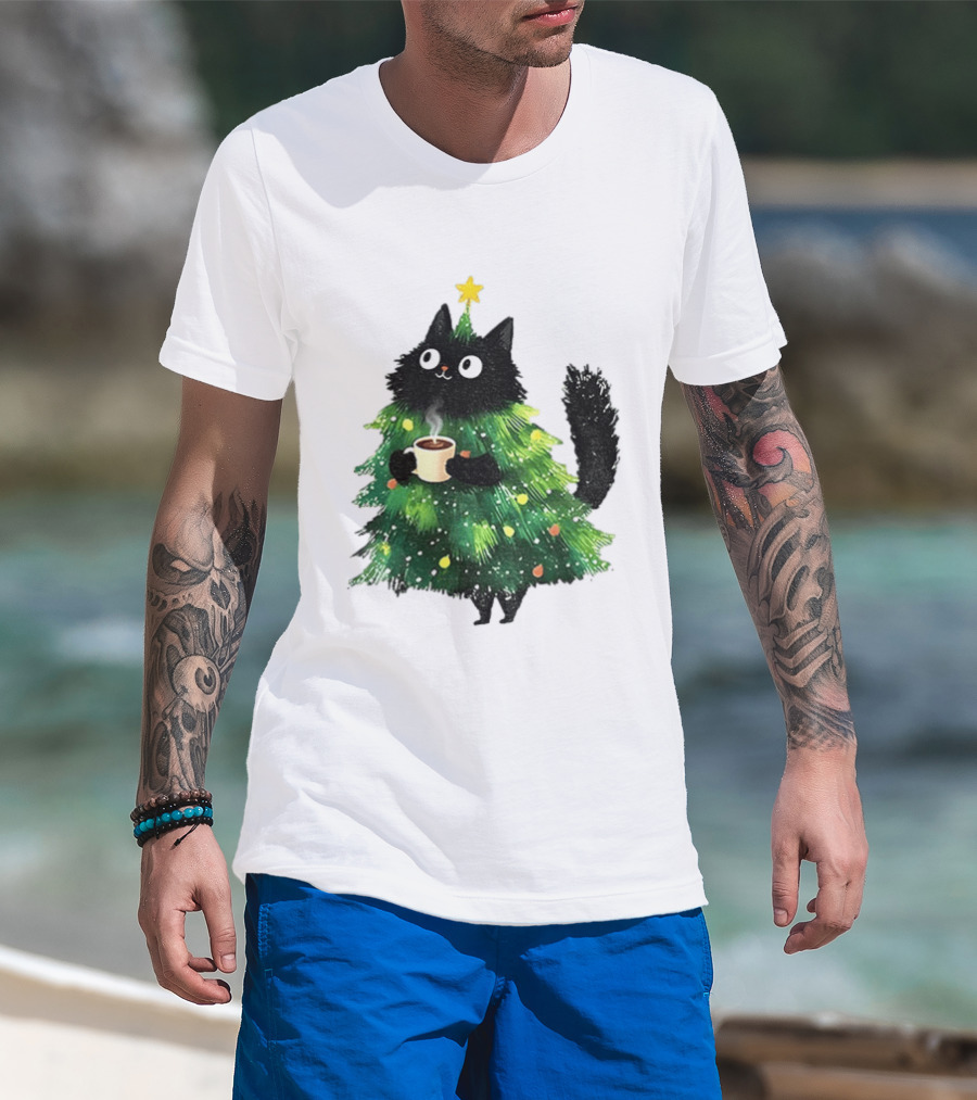 Black Cat Christmas Tree With Hot Coffee Cup T-Shirt