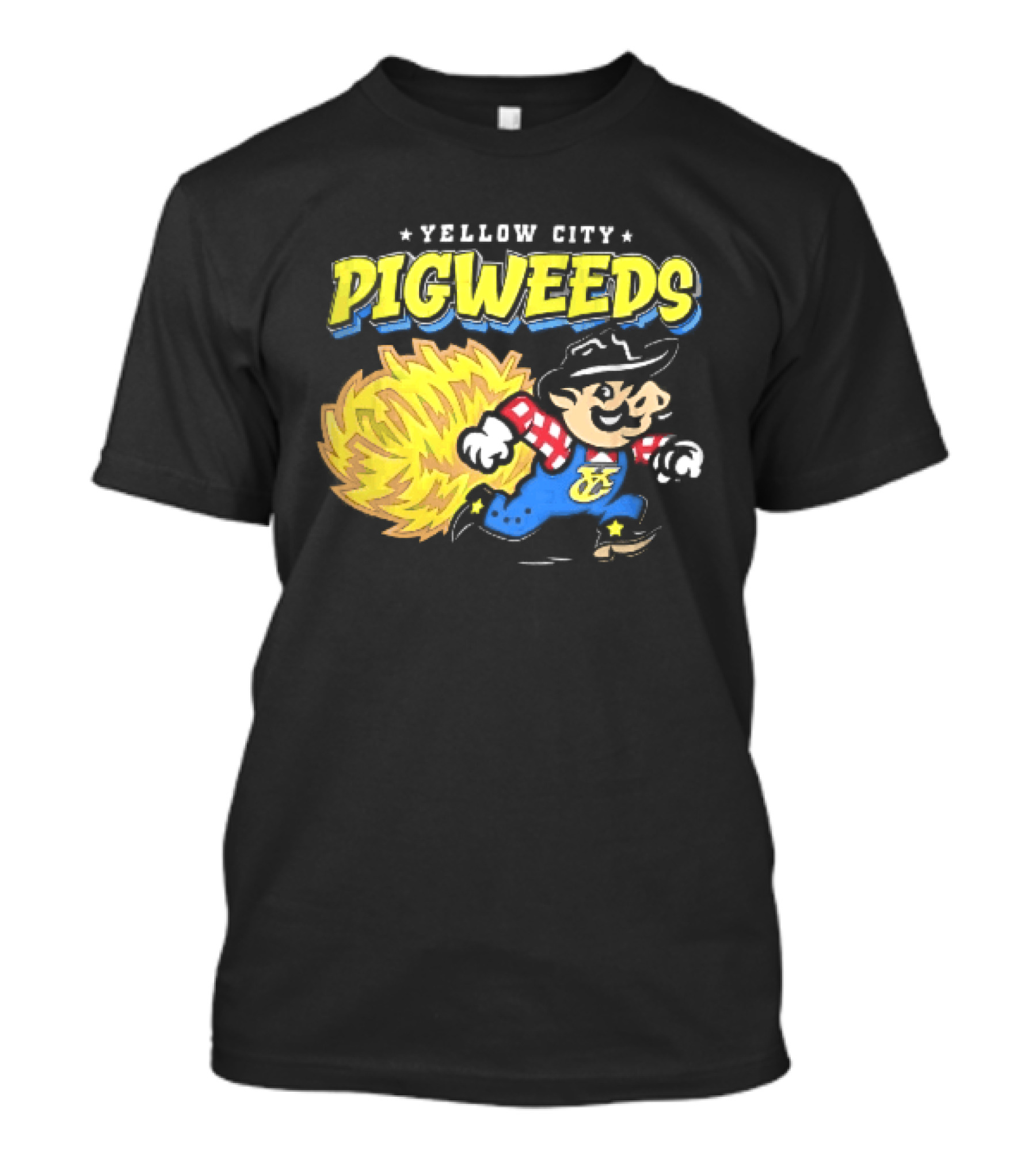 Yellow City Pigweeds Cartoon Cowboy Overalls Tumbleweed Running T-Shirt