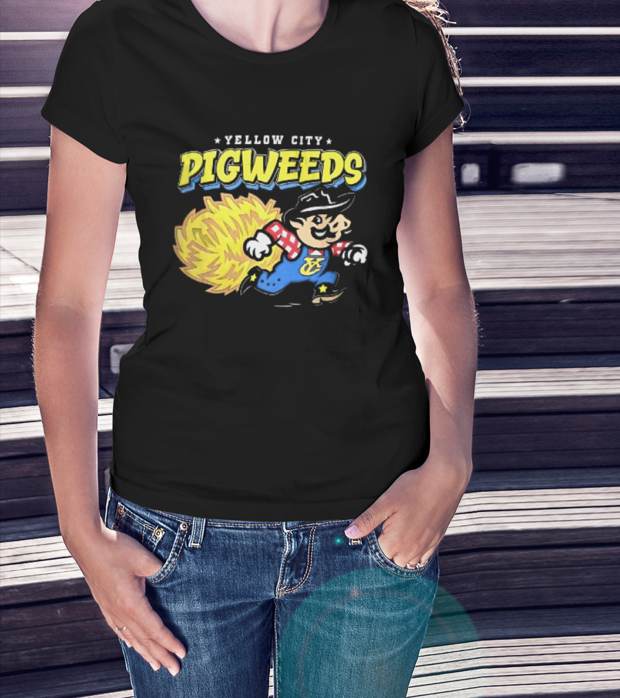 Yellow City Pigweeds Cartoon Cowboy Overalls Tumbleweed Running T-Shirt