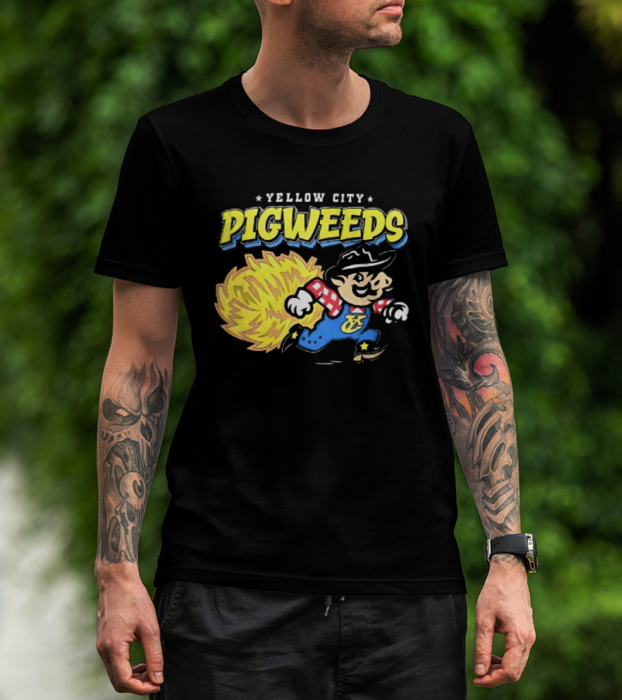 Yellow City Pigweeds Cartoon Cowboy Overalls Tumbleweed Running T-Shirt